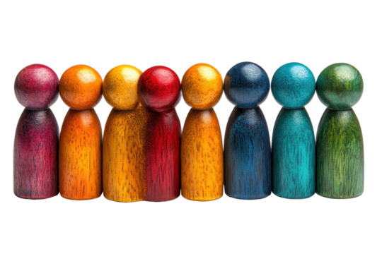 Colorful wooden figurines lined up in a row, showcasing a variety of hues, perfect for illustrating diversity and togetherness. - Powered by Adobe