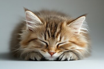Obraz premium Sweet fluffy kitten with a relaxed posture, eyes half-closed as if sleepy, resting on a gray background