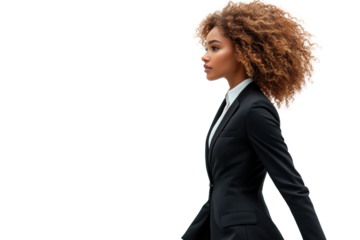 Confident businesswoman walking in a professional suit, showcasing determination and empowerment against a white isolated background.
