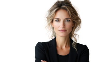 Confident businesswoman with arms crossed, showcasing professionalism in a modern environment. Perfect for corporate themes and personal branding.