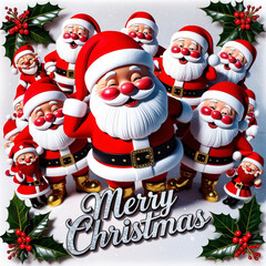 A whimsical Christmas illustration featuring a playful 3D character of multiple funny Santas
