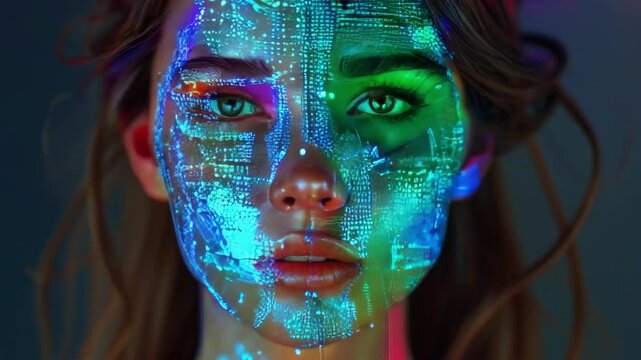 Futuristic Transition: Woman&rsquo;s Face Merging with Digital Pixels