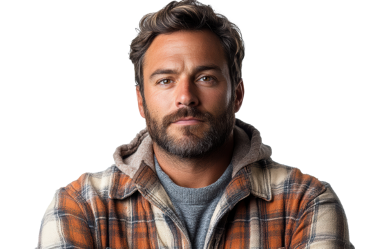 Confident man with a beard wearing a checkered flannel shirt and hoodie, posing against a white isolate background.