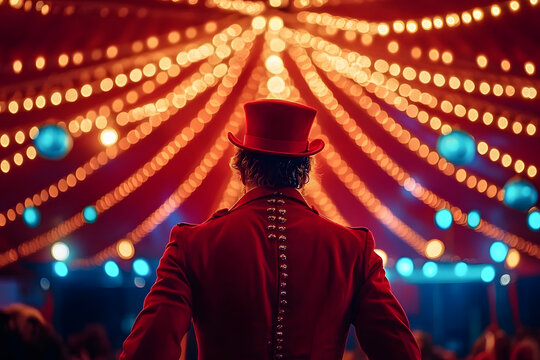 Back view of a circus ringmaster in a red coat under bright festive lights. Ideal for entertainment, event promotions, and vintage circus-themed content.