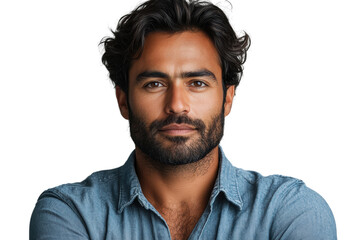 Obraz premium Confident man with dark hair and beard, posing thoughtfully with arms crossed, wearing a denim shirt against a white isolated background.