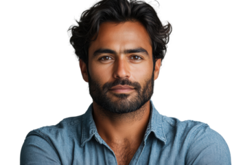 Confident man with dark hair and beard, posing thoughtfully with arms crossed, wearing a denim shirt against a white isolated background.