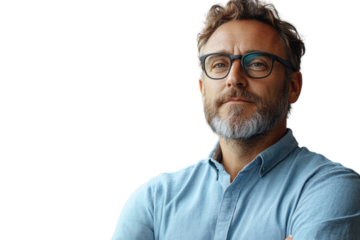 Confident man with glasses displaying a thoughtful expression. Perfect for business or lifestyle themes. Isolated on a plain background.