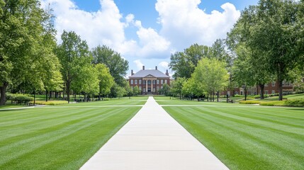 Fototapeta premium Serene Pathway Through Lush Green Lawn Leading to Classic Architecture in Bright Blue Sky