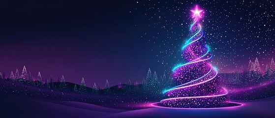 Magical glowing Christmas tree in snowy winter landscape.