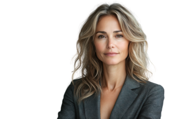 Confident woman in a gray blazer with long, wavy hair, standing with arms crossed, exuding strength and professionalism against a white background.