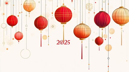 Chinese New Year 2025 greeting card design with traditional lanterns. Elegant flat illustration featuring red and gold patterns on light gray background. Modern Asian celebration banner template