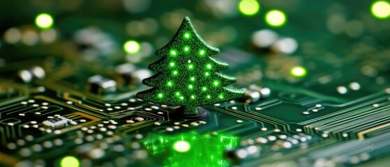 Illuminated Christmas tree on circuit board.