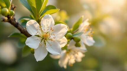 Obraz premium A lemon tree is in bloom, with white blossoms and green fruit visible on the branches, set against a background of blurred sunlight.