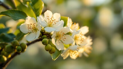 A lemon tree is in bloom, with white blossoms and green fruit visible on the branches, set against a background of blurred sunlight.