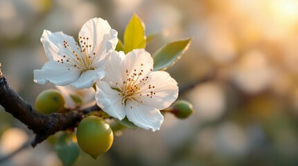 A lemon tree is in bloom, with white blossoms and green fruit visible on the branches, set against a background of blurred sunlight.