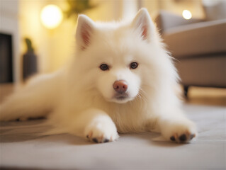 A fluffy white Pomeranian dog sitting comfortably indoors with a warm and cozy background. Adorable pet portrait showing happiness and comfort.