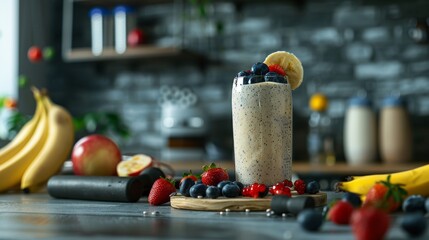 Refreshing vanilla protein shake and fitness gear on a chic white bar table for wellness enthusiasts