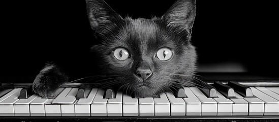 Black cat peeking over piano keys in monochrome.