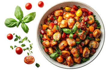Delicious plate of gnocchi with fresh vegetables, basil, and cherry tomatoes, perfect for a healthy meal or culinary presentation.