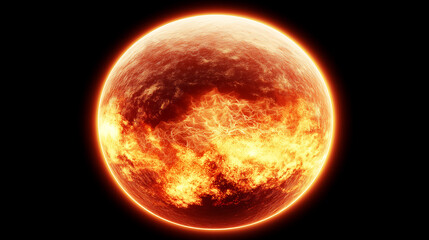 A fiery glowing sun with swirling patterns of flames and intense colors, representing power, energy, and the universe's beauty in space.