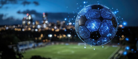 Futuristic glowing soccer ball over night stadium.