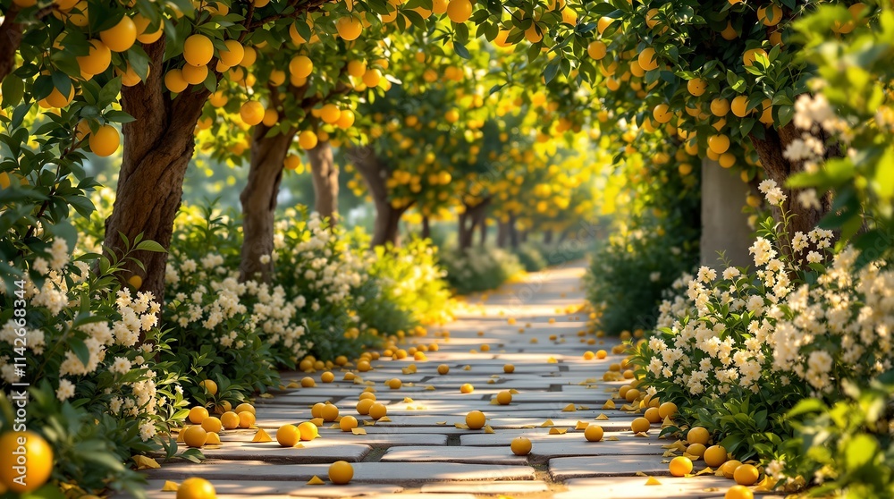 Aufkleber scenic pathway lined with lemon trees and white flowers, creating a serene and picturesque atmospher