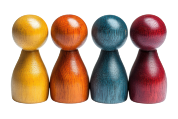 Four colorful wooden game pieces arranged in a row, showcasing vibrant hues. Ideal for board game themes or playful designs.