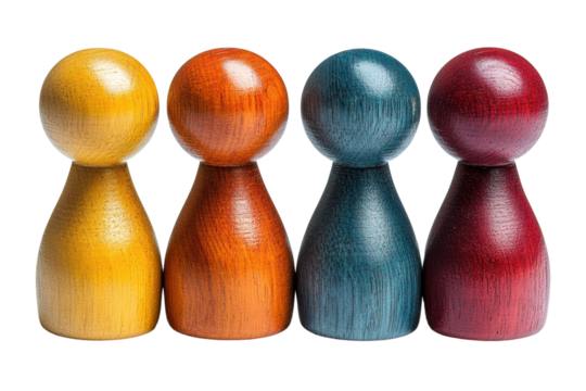 Four colorful wooden game pieces arranged in a row, showcasing vibrant hues. Ideal for board game themes or playful designs.