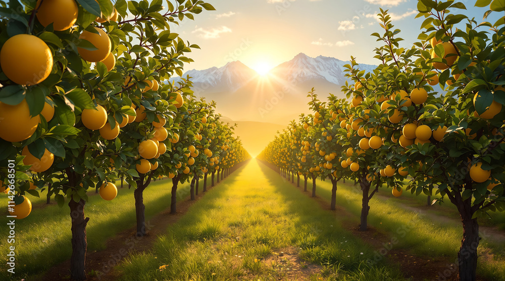 Poster orchard with rows of orange trees under a bright sun. the trees are in full bloom with many ripe ora