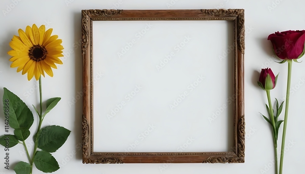 Fototapete festive flower composition on the white wooden background overhead view gold empty frame with bouque