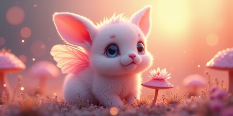 Cute Fantasy Bunny Rabbit with Fairy Wings in Magical Mushroom Garden
