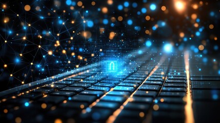 Cyber security concept with padlock icon on laptop keyboard.