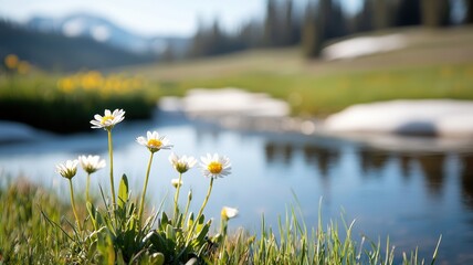 Valley meadow geography concept. Beautiful daisies bloom by a serene river, surrounded by lush greenery and distant mountains under a clear sky.