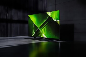 Modern television displaying vibrant green abstract patterns in a dimly lit contemporary room