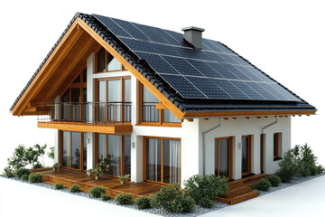 Modern house with solar panels and wooden accents, featuring a spacious balcony and landscaped...