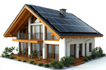 Modern house with solar panels and wooden accents, featuring a spacious balcony and landscaped garden, isolated on white background.