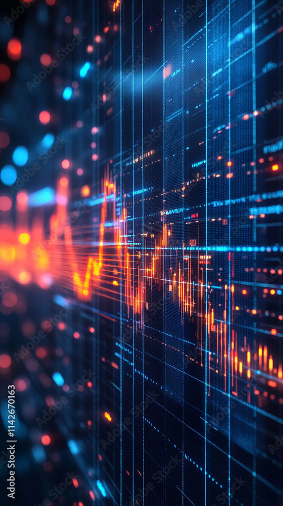 Poster glowing data visualizations and upward graphs symbolize growth and progress
