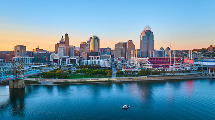 Aerial of Cincinnati Skyline at Golden Hour with Roebling Bridge