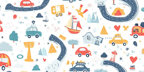 Cute cartoon car, asphalt with road signs in a pattern for textile print on white background