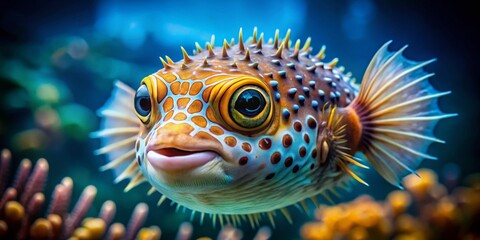 Obraz premium Inflated Pufferfish Macro Photography, Bokeh Background, Underwater Closeup, Aquatic Life, Blown Up Fish, Detailed Texture, Vivid Colors, Sea Creature