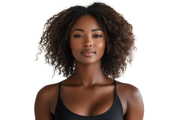 Portrait of a confident woman with curly hair, wearing a black tank top, looking directly at the camera against a plain background.