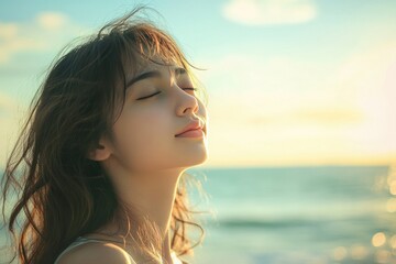 Serene Young Woman Breathing in Ocean Air with Closed Eyes Against a Beautiful Sunset Background at the Beach, Embracing Calmness and Tranquility