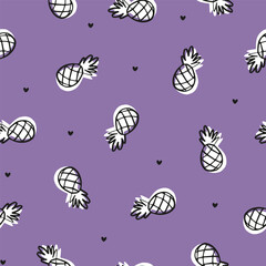 Purple seamless pattern with outline pineapples