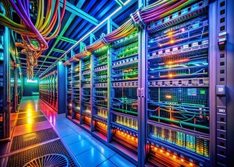 Integrated Systems: High-Depth-of-Field Photography - Complex Network, Data Flow, Server Racks, System Architecture, Technology Infrastructure