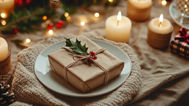 Christmas gift wrapped in natural fabric with twine and leaf decoration, resting on a plate surrounded by candles and festive decor, creating a cozy holiday atmosphere of a winter holiday table