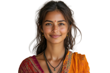 Portrait of a young woman smiling warmly, wearing traditional attire with intricate details. A joyful expression against a neutral backdrop.