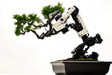 Innovative robot tending to a bonsai tree in a modern art display showcasing technology and nature...