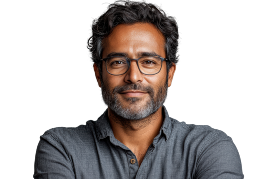 Portrait of a smiling man with glasses, wearing a casual shirt, against a white isolated background.