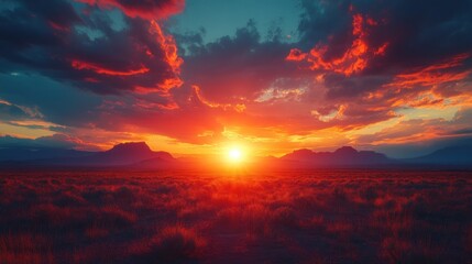Fototapeta premium Vibrant sunset over a vast desert landscape, fiery clouds illuminate the horizon.