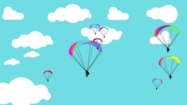 Animation of a parachutist jumping through white clouds in a clear blue sky. The parachute is brightly colored, creating a spectacular aerial view. Ideal for adventure and extreme sports projects.